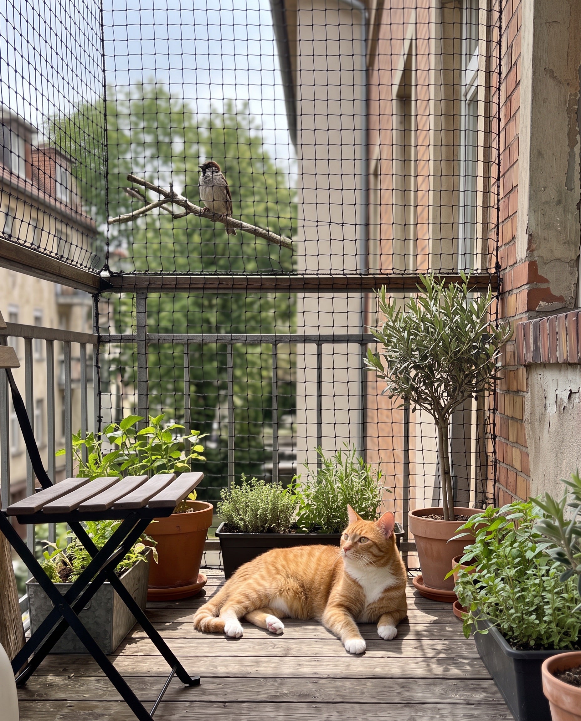 Katze auf dem Balkon hinter dem Netz, draußen sitzt ein Spatz
