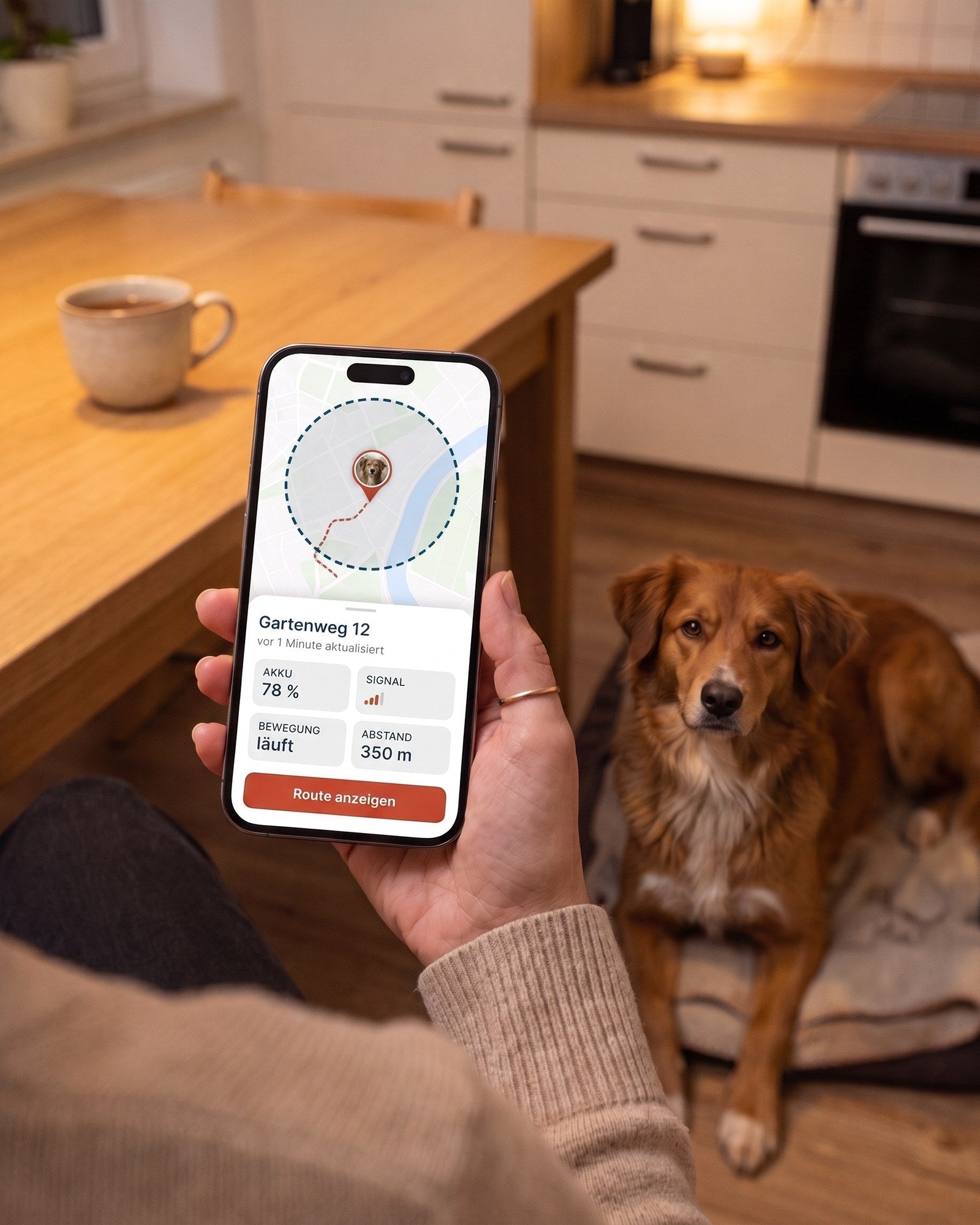 Handy mit der App: Karte, Standort, Akku und Abstand