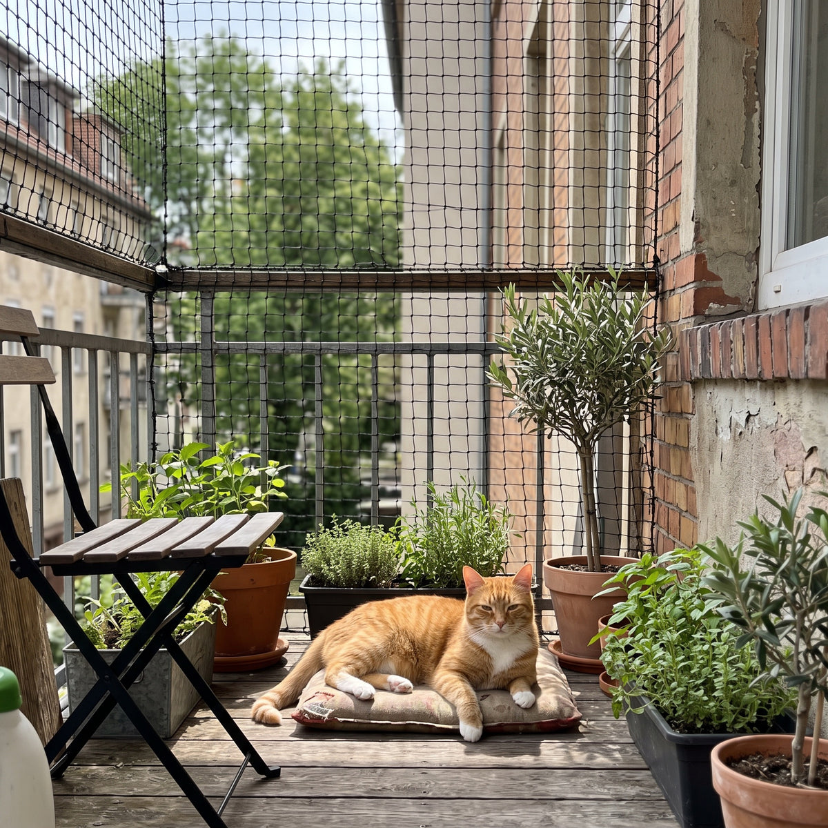 Katze liegt in der Sonne auf dem Balkon, dahinter das schwarze Lovypaw Guard Katzenschutznetz