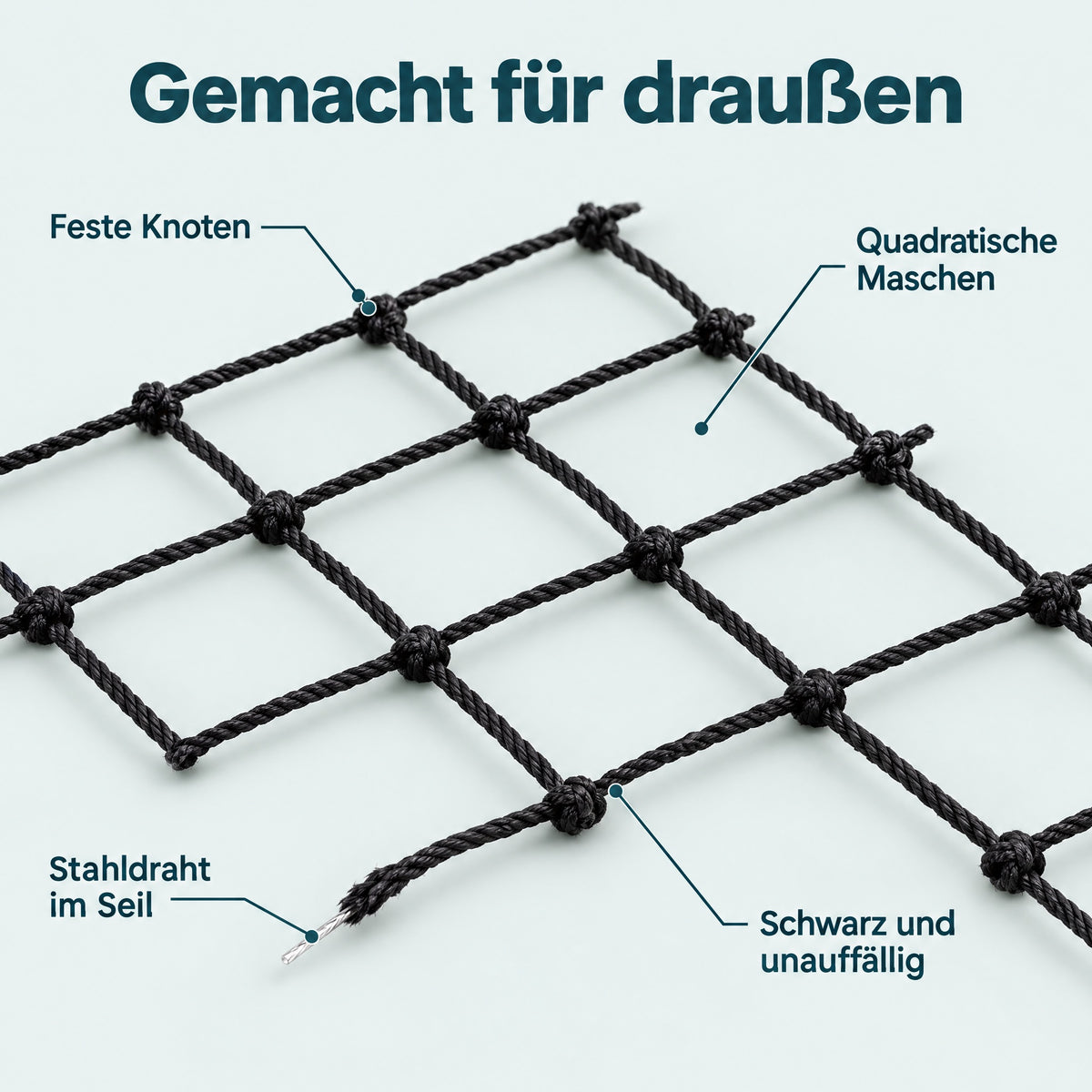 Details: feste Knoten, Stahldraht im Seil, quadratische Maschen, schwarz