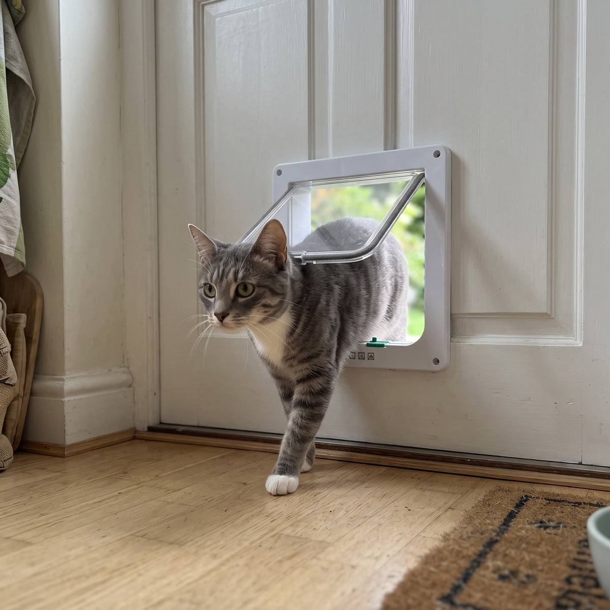 Katze kommt durch die Lovypaw Roam Katzenklappe in einer weißen Holztür ins Haus