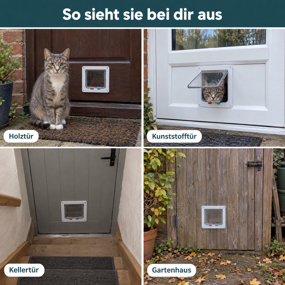 So sieht die Roam Katzenklappe in Holztür, Kunststofftür, Kellertür und Gartenhaus aus