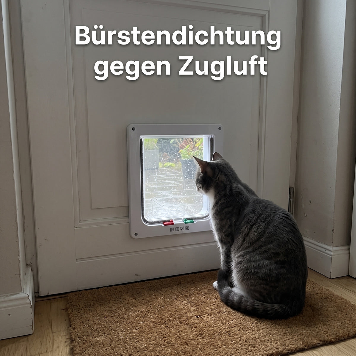 Bürstendichtung gegen Zugluft: Katze sitzt trocken drinnen, draußen regnet es