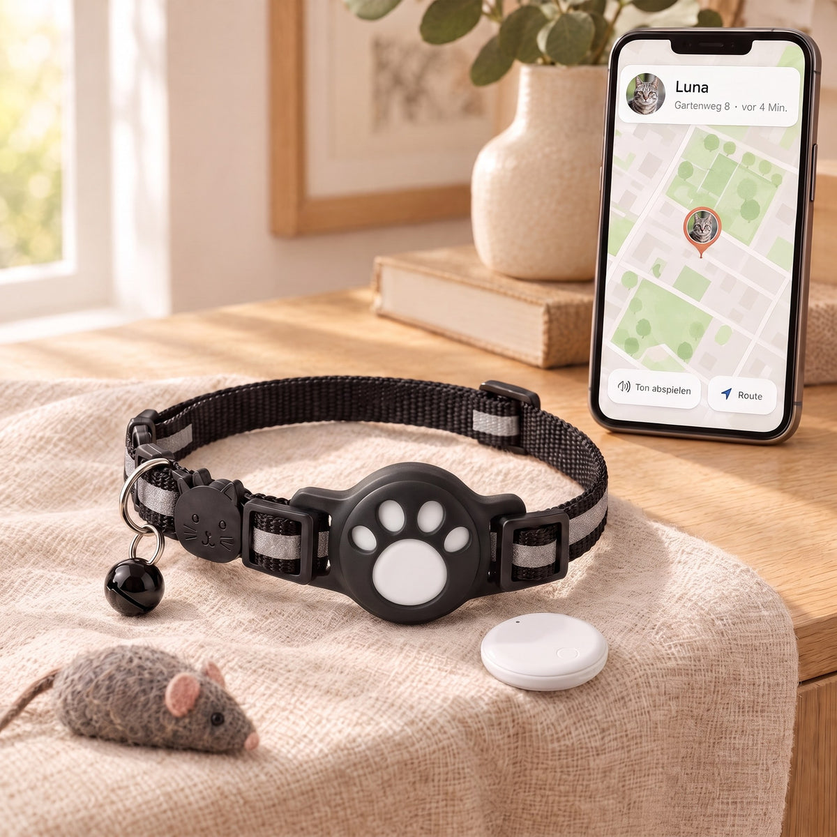 Prowl Halsband, Tag und Handy mit dem Standort der Katze