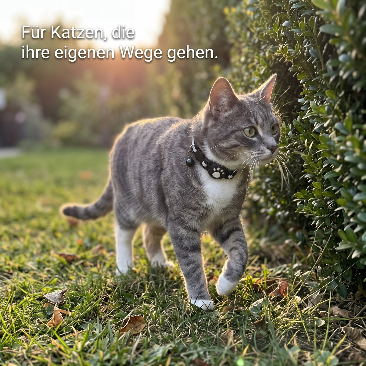 Katze mit Prowl-Halsband an der Hecke im Garten