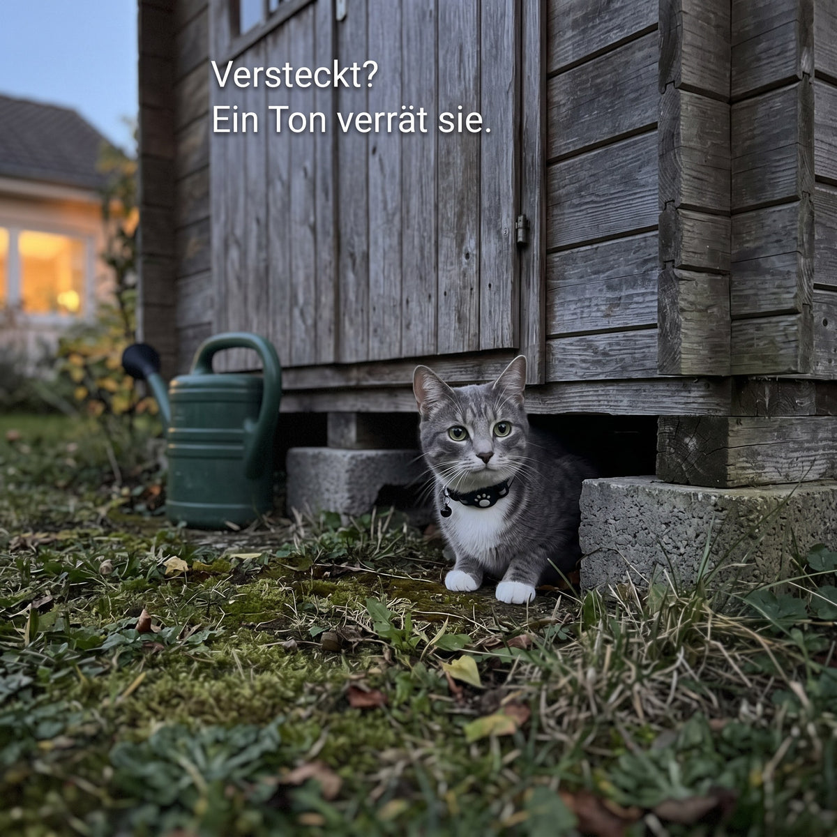 Katze schaut unter dem Gartenhaus hervor