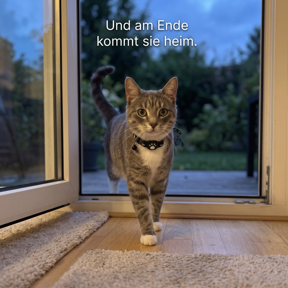 Katze kommt durch die Terrassentür nach Hause
