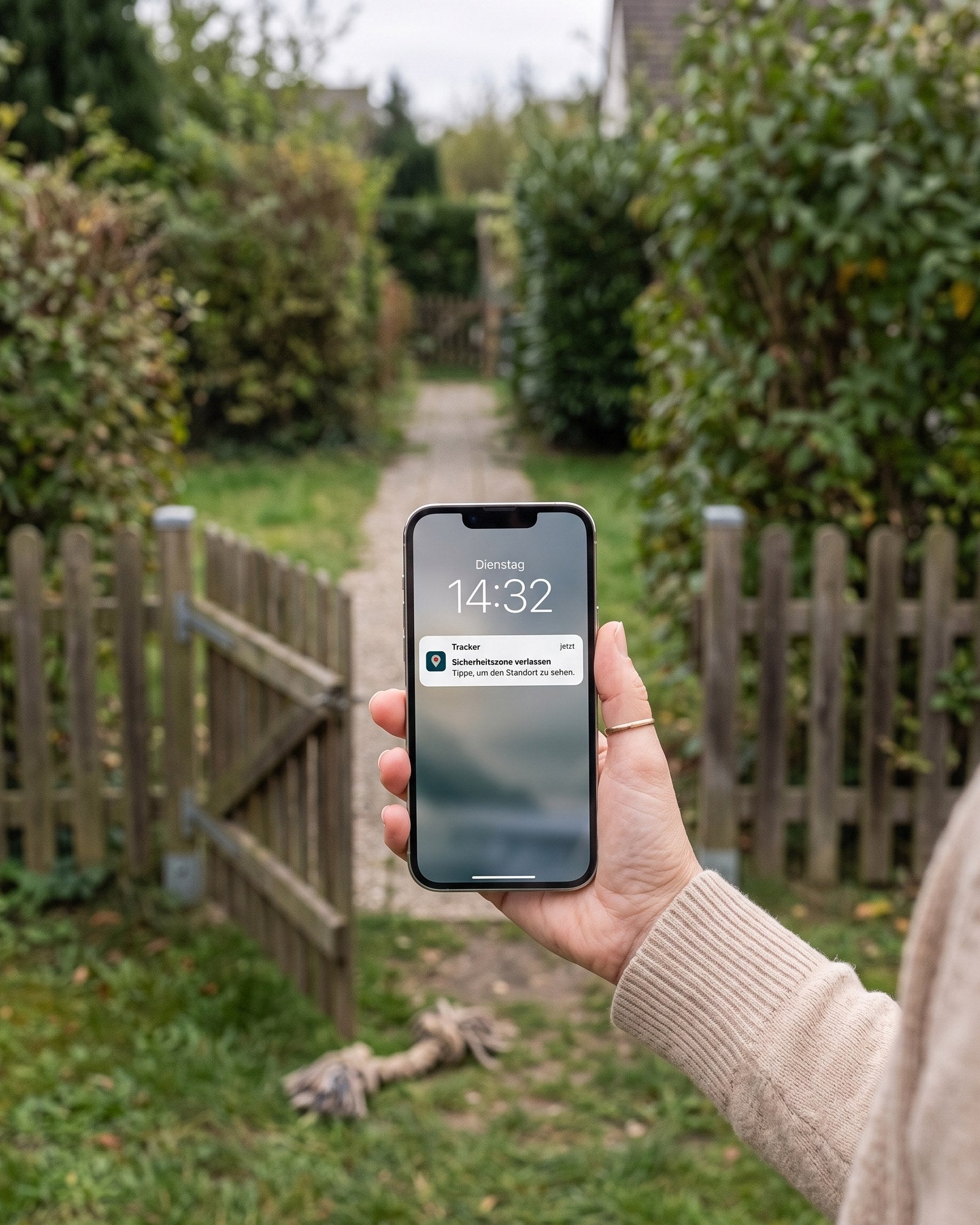 Offenes Gartentor, auf dem Handy die Meldung: Sicherheitszone verlassen