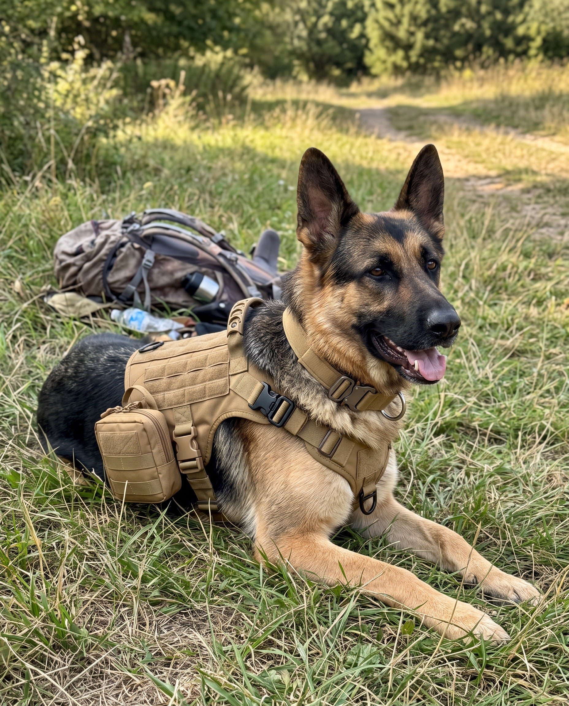 Schäferhund liegt entspannt auf der Wiese, das Geschirr sitzt gut